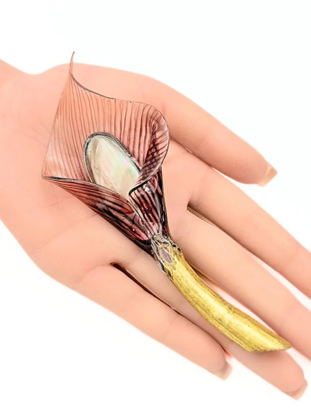 Fabrice Paris Signed French Sculptural Wine Red Striped Calla Lily Brooch